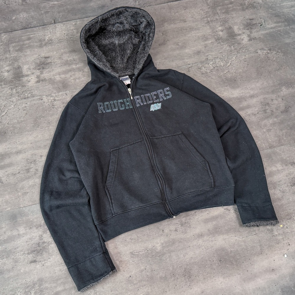 Y2K 2000's 00's Rough Riders Black Fur Lined Hood Grunge Zip Up Hoodie
